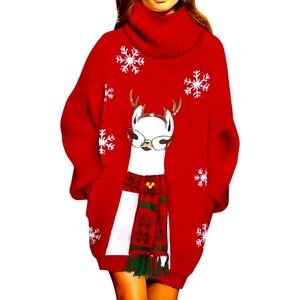 Women Turtleneck Loose Print Christmas Long Sweater Dresses Pocket jingles S